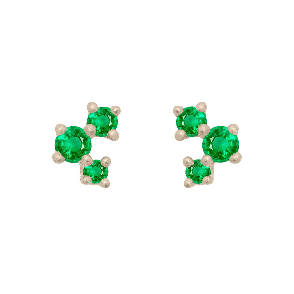 Emerald and Gold Cluster Earrings - Unique Celestial Three Stone Studs Single By Valley Rose Ethical Jewelry