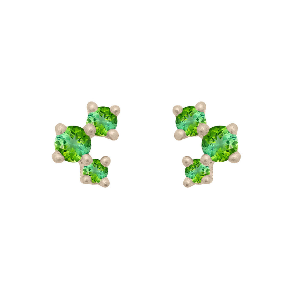 Green Tourmaline and Gold Cluster Earrings - Unique Celestial Three Stone Studs Single By Valley Rose Ethical Jewelry