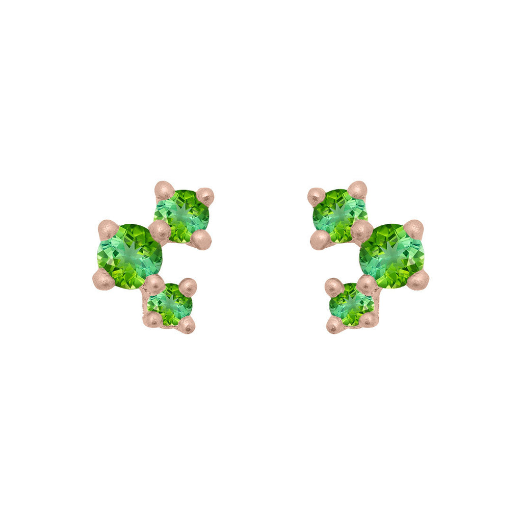 Green Tourmaline and Gold Cluster Earrings - Unique Celestial Three Stone Studs Single By Valley Rose Ethical Jewelry