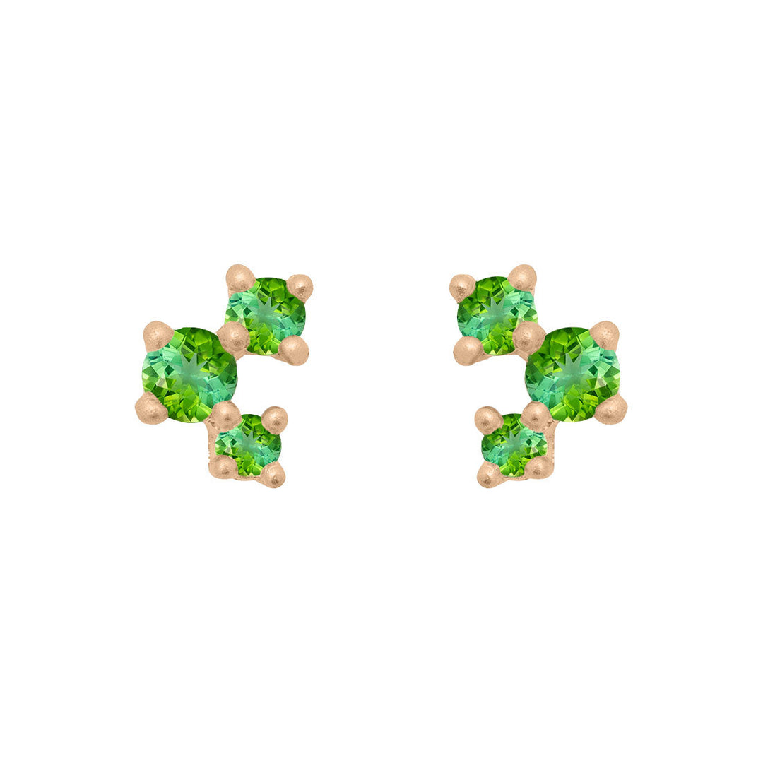 Green Tourmaline and Gold Cluster Earrings - Unique Celestial Three Stone Studs Single By Valley Rose Ethical Jewelry