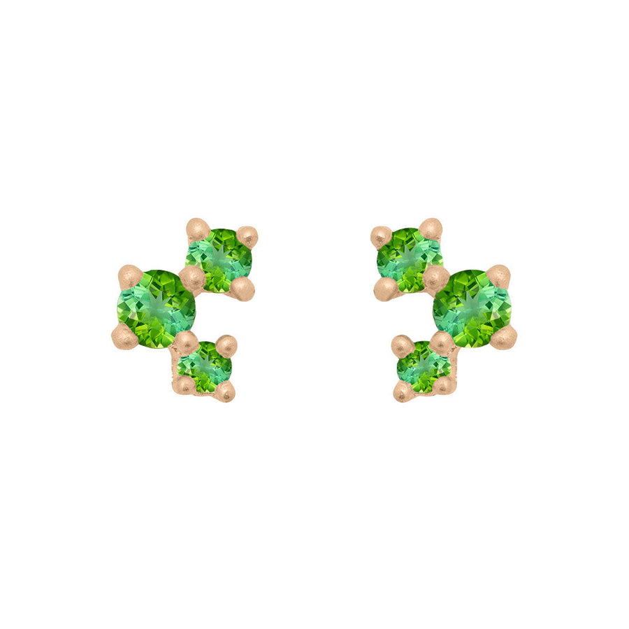 Green Tourmaline and Gold Cluster Earrings - Unique Celestial Three Stone Studs Single By Valley Rose Ethical Jewelry