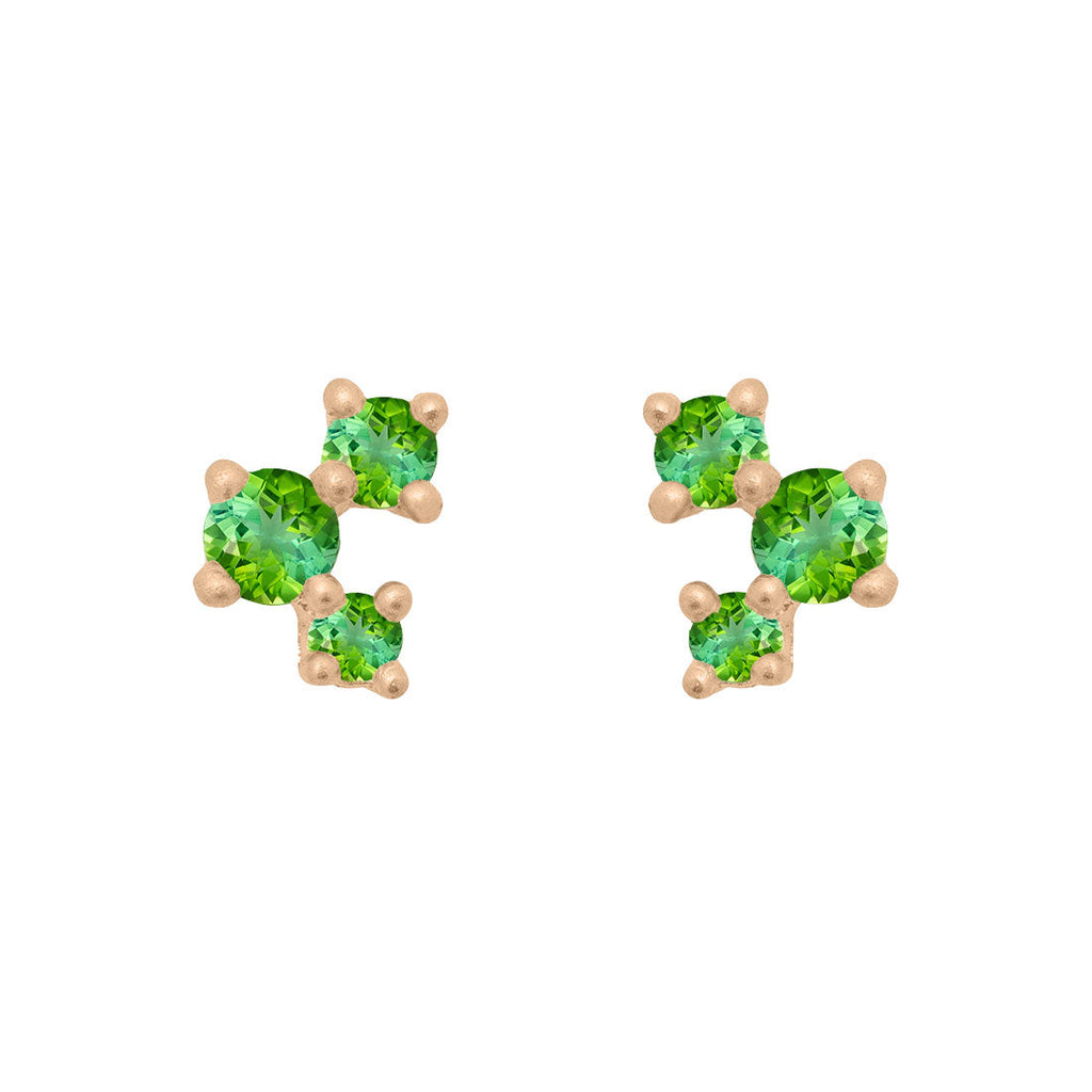 Green Tourmaline and Gold Cluster Earrings - Unique Celestial Three Stone Studs Single By Valley Rose Ethical Jewelry