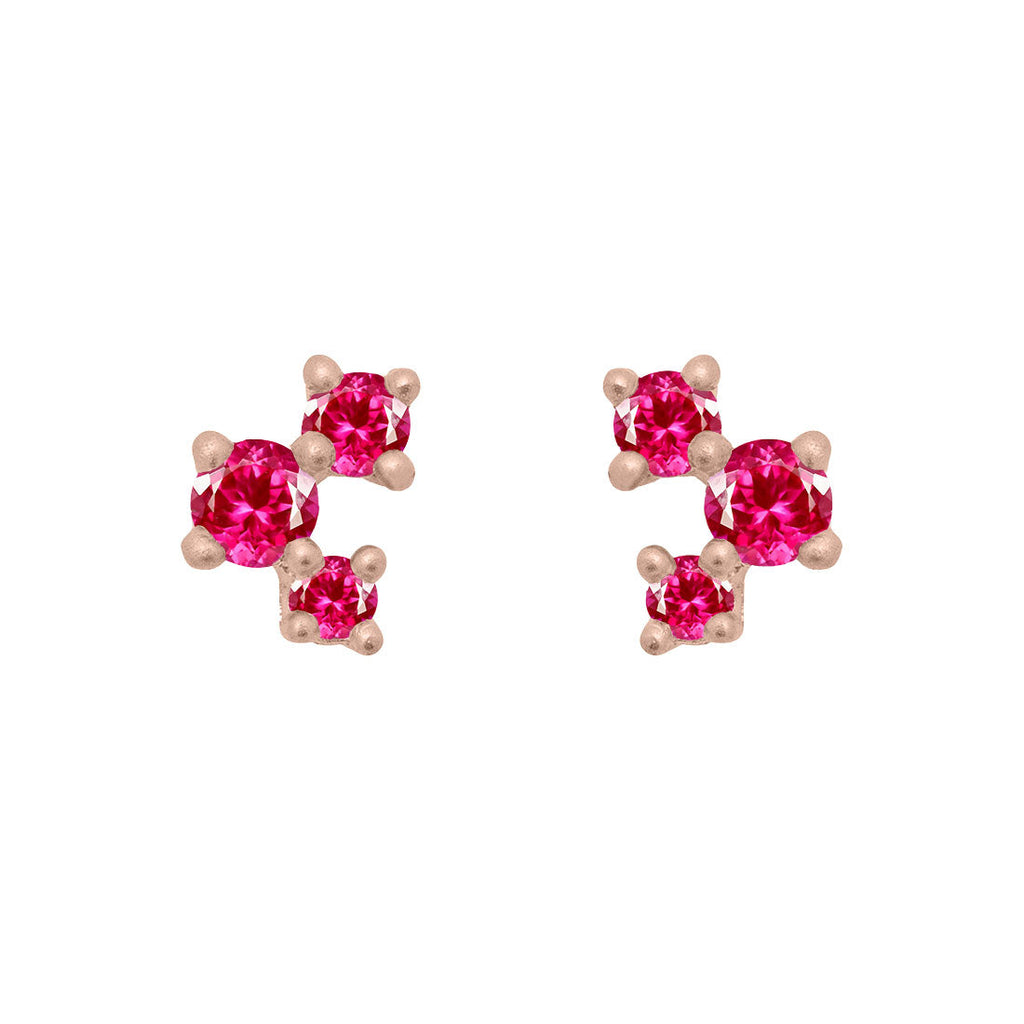 Pink Ruby and Gold Cluster Earrings - Unique Celestial Three Stone Studs Single By Valley Rose Ethical Jewelry