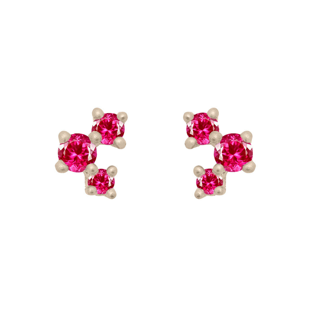 Pink Ruby and Gold Cluster Earrings - Unique Celestial Three Stone Studs Single By Valley Rose Ethical Jewelry