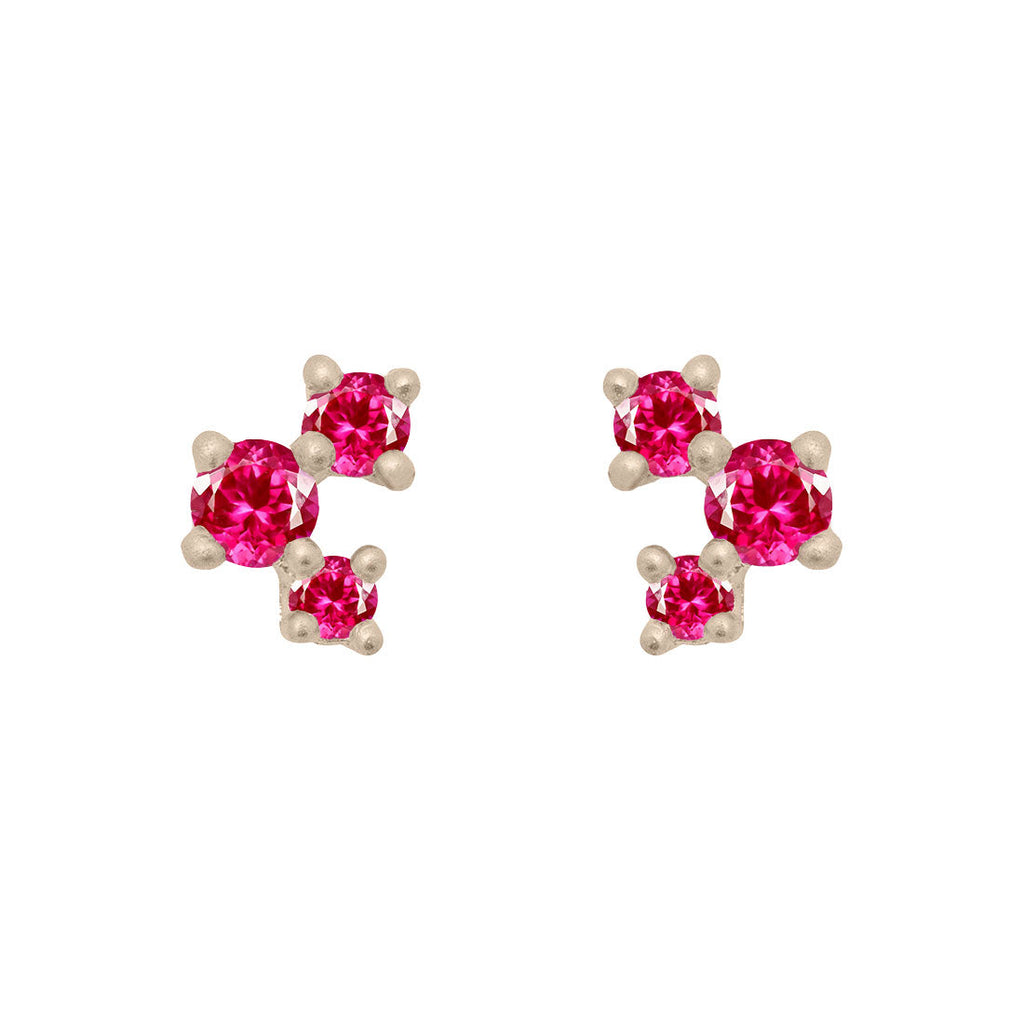 Pink Ruby and Gold Cluster Earrings - Unique Celestial Three Stone Studs Single By Valley Rose Ethical Jewelry