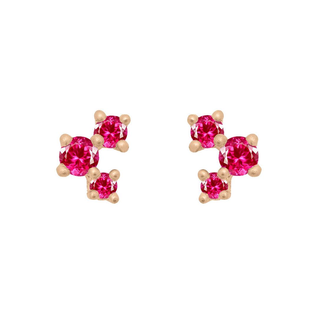 Pink Ruby and Gold Cluster Earrings - Unique Celestial Three Stone Studs Single By Valley Rose Ethical Jewelry