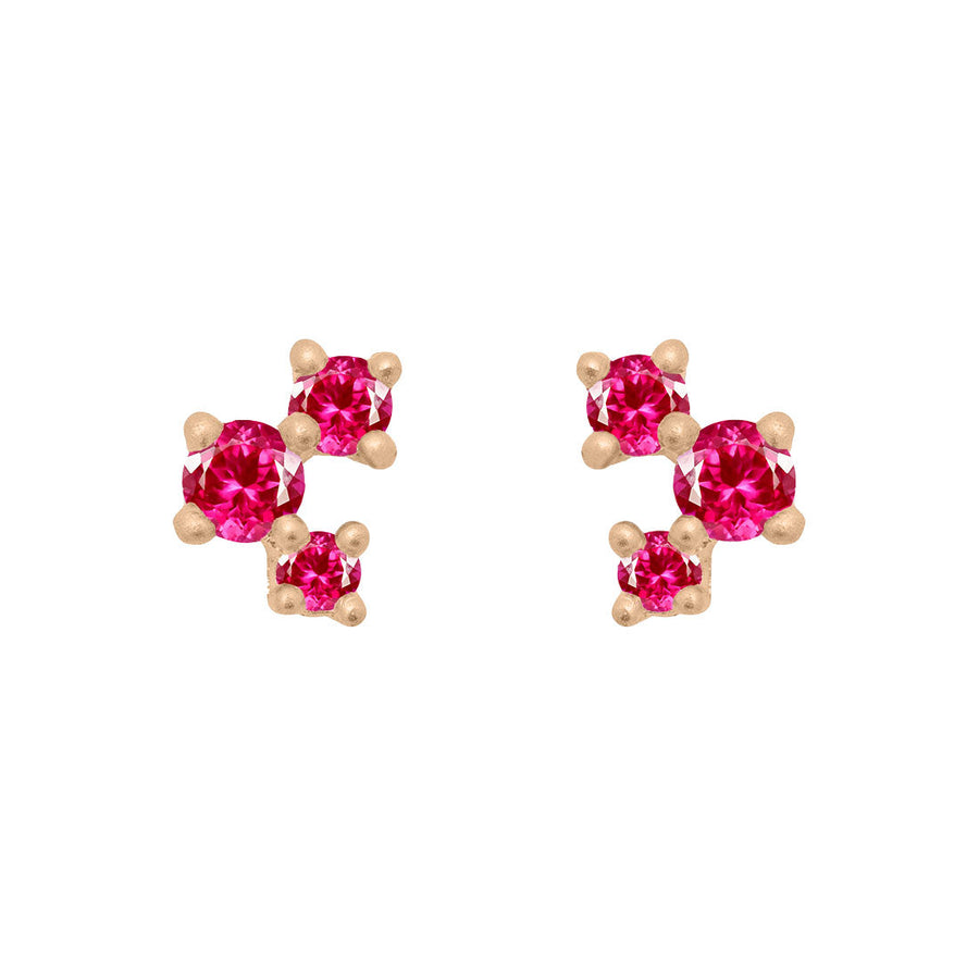 Pink Ruby and Gold Cluster Earrings - Unique Celestial Three Stone Studs Single By Valley Rose Ethical Jewelry