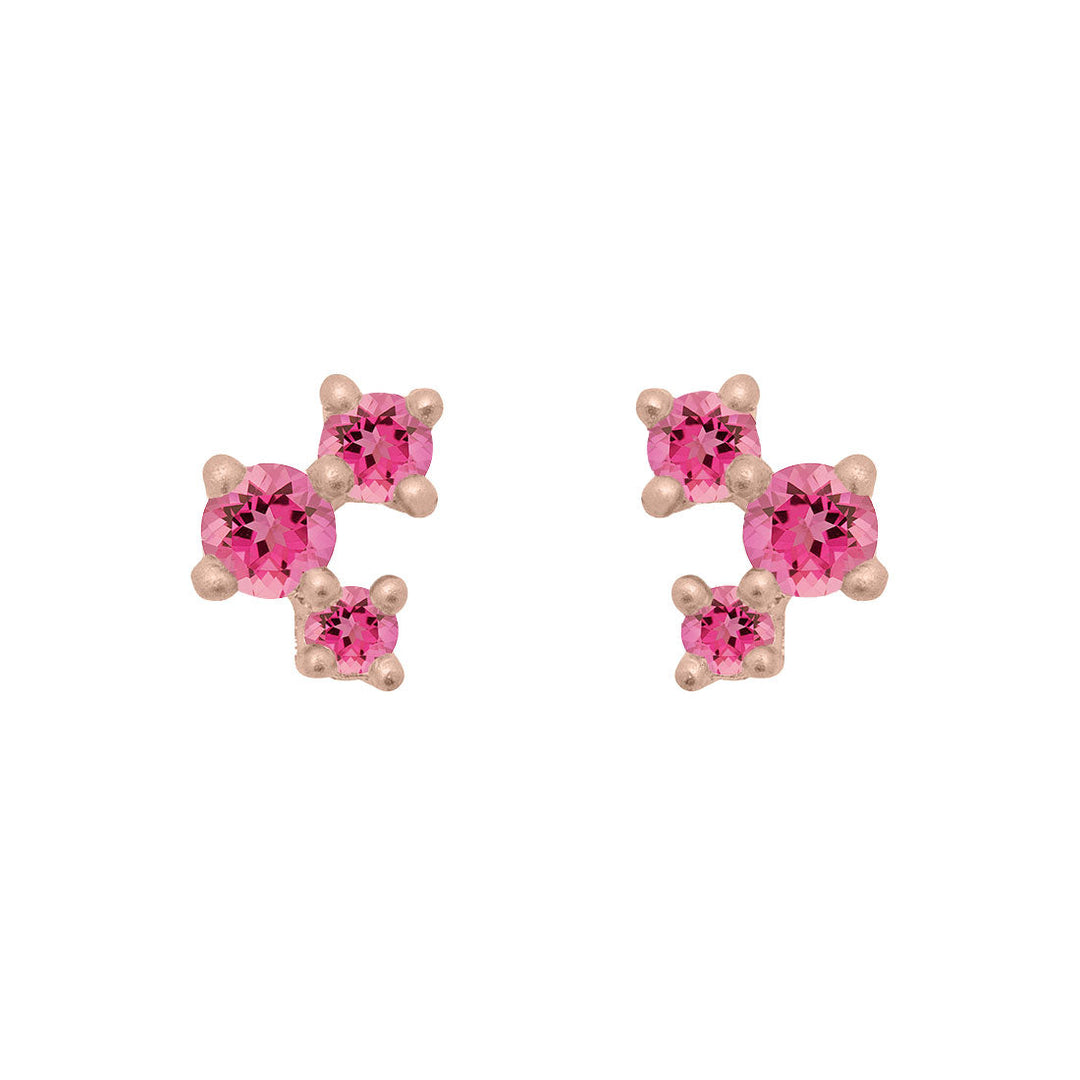 Pink Tourmaline and Gold Cluster Earrings - Unique Celestial Three Stone Studs Single By Valley Rose Ethical Jewelry