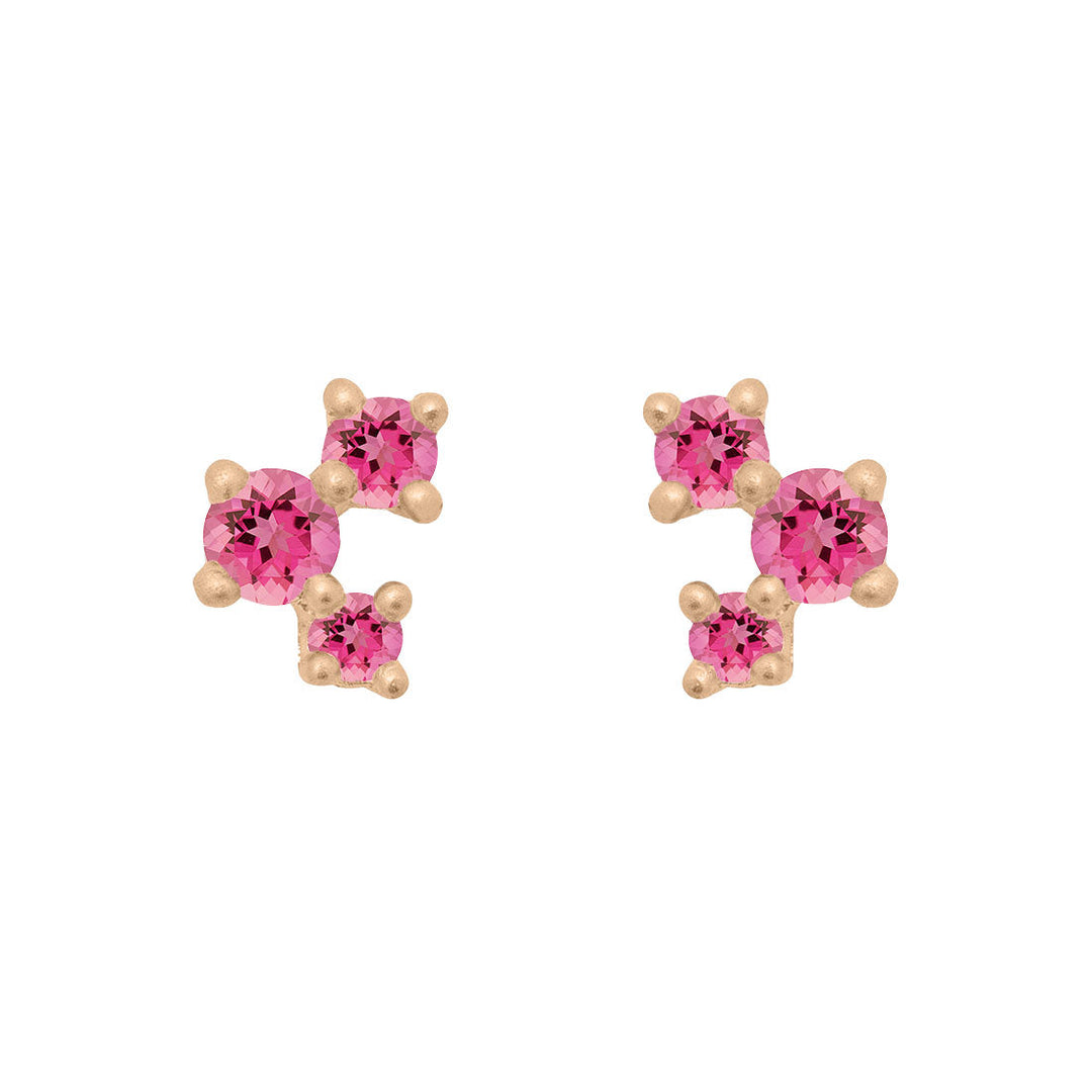 Pink Tourmaline and Gold Cluster Earrings - Unique Celestial Three Stone Studs Single By Valley Rose Ethical Jewelry