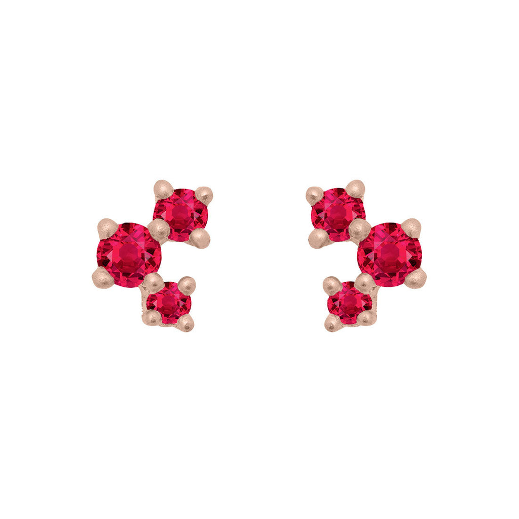 Red Ruby and Gold Cluster Earrings - Unique Celestial Three Stone Studs Single By Valley Rose Ethical Jewelry