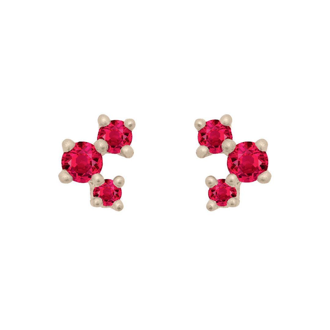 Red Ruby and Gold Cluster Earrings - Unique Celestial Three Stone Studs Single By Valley Rose Ethical Jewelry