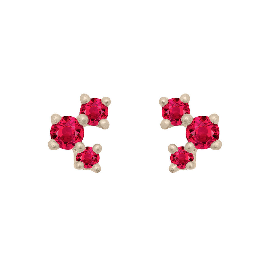 Red Ruby and Gold Cluster Earrings - Unique Celestial Three Stone Studs Single By Valley Rose Ethical Jewelry