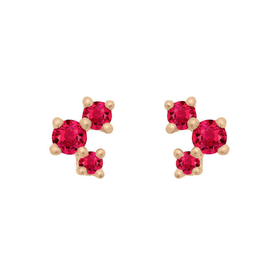 Red Ruby and Gold Cluster Earrings - Unique Celestial Three Stone Studs Single By Valley Rose Ethical Jewelry