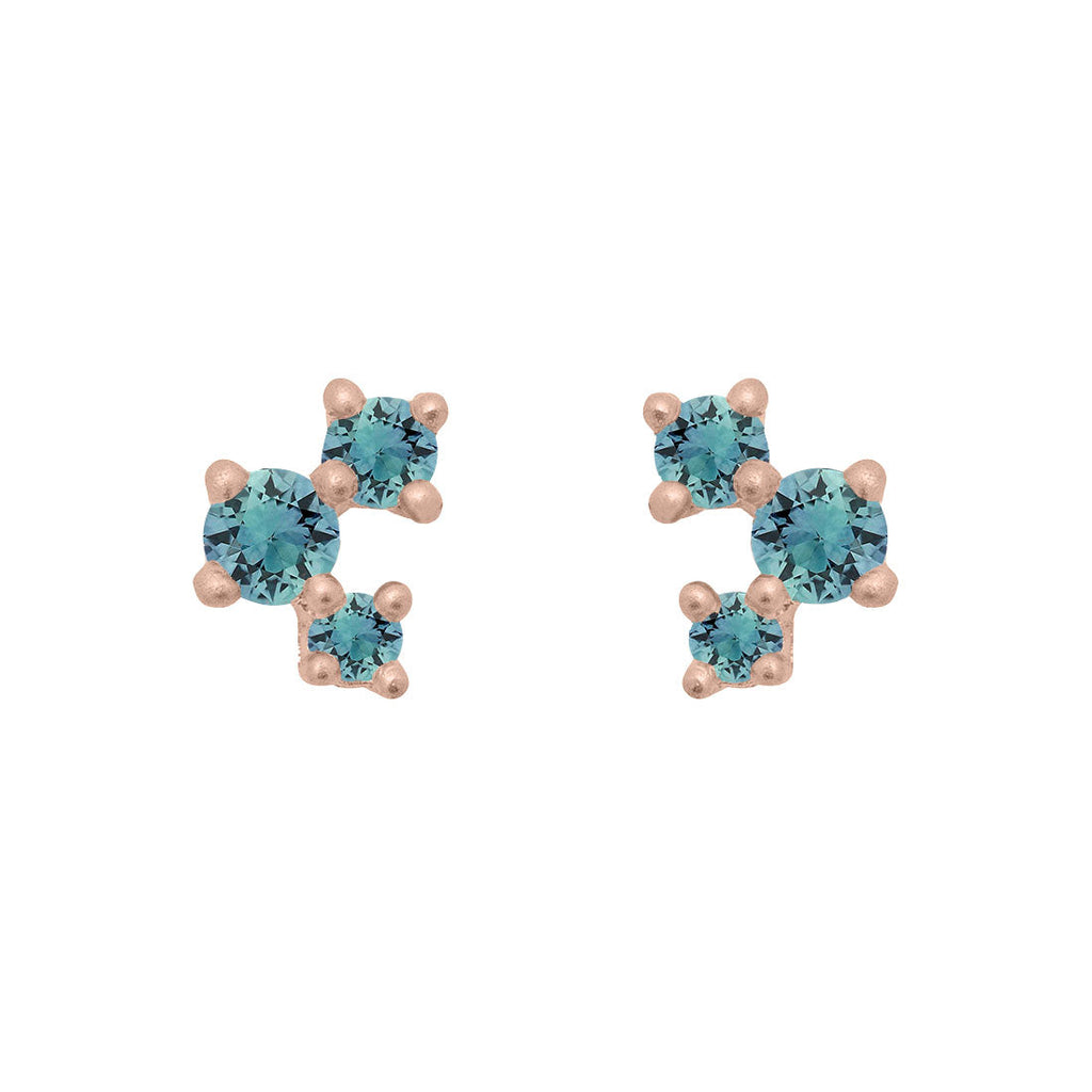 Teal Sapphire and Gold Cluster Earrings - Unique Celestial Three Stone Studs Single By Valley Rose Ethical Jewelry