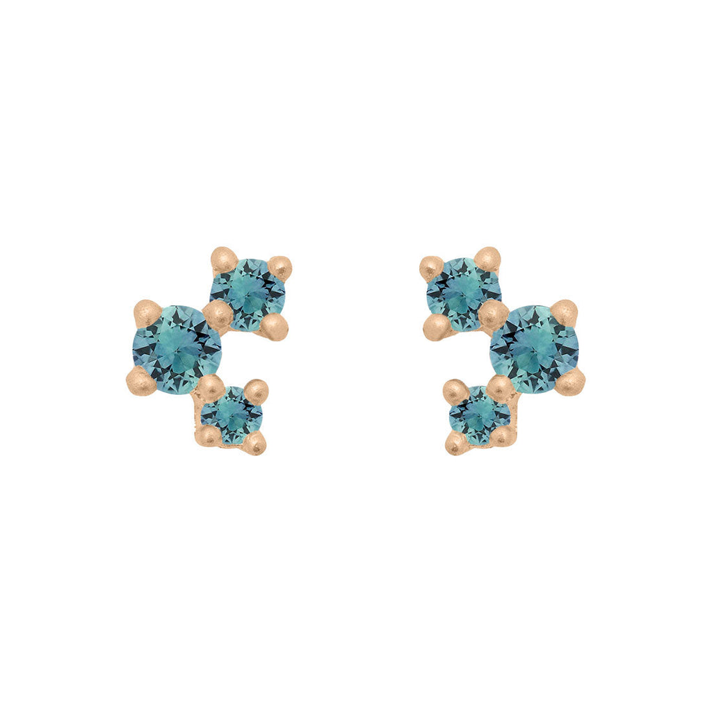 Teal Sapphire and Gold Cluster Earrings - Unique Celestial Three Stone Studs Single By Valley Rose Ethical Jewelry