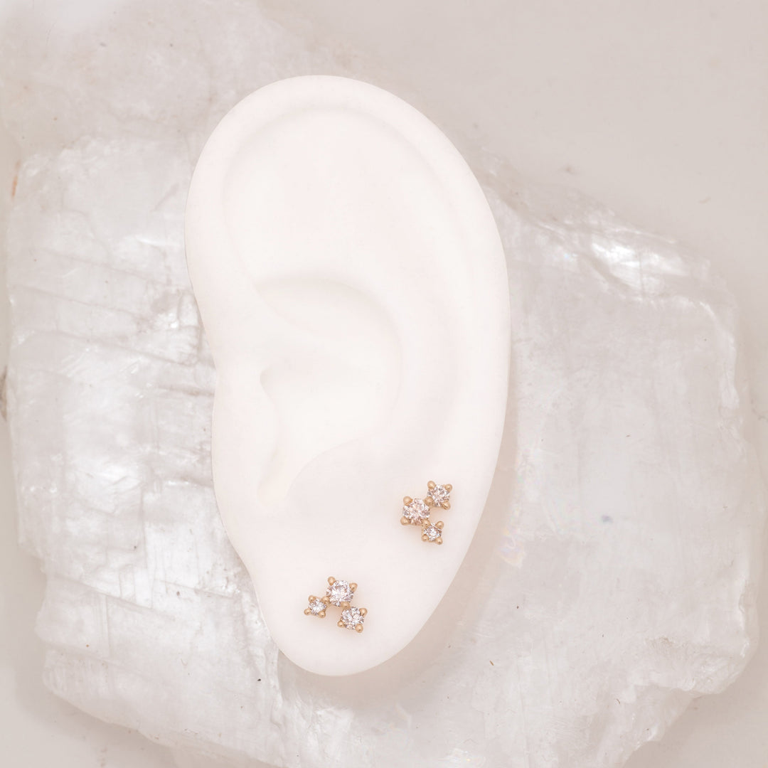 Diamond and Gold Cluster Earrings - Unique Celestial Three Stone Studs Lab Diamond Single By Valley Rose Ethical Jewelry