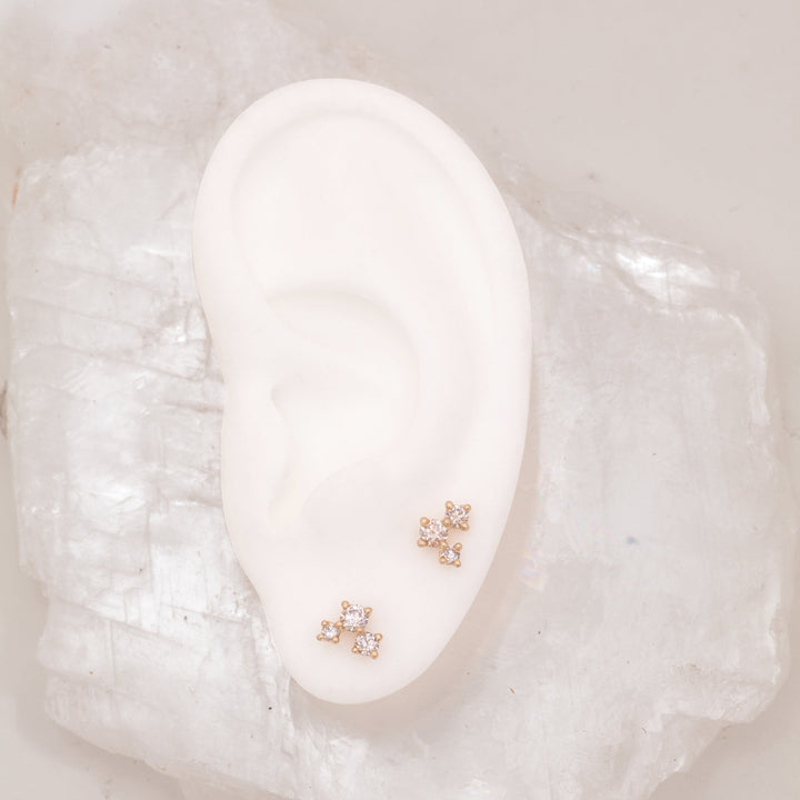 Diamond and Gold Cluster Earrings - Unique Celestial Three Stone Studs Lab Diamond Single By Valley Rose Ethical Jewelry