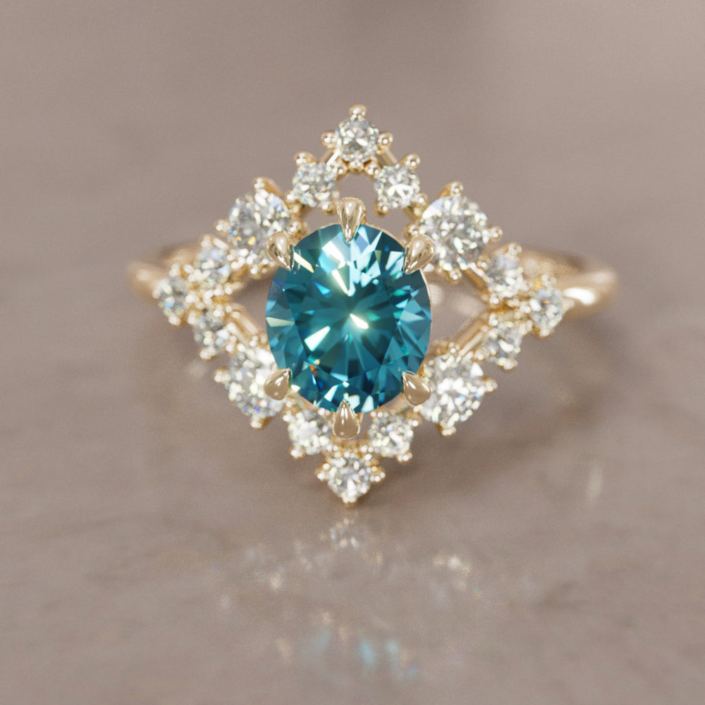 Celestial Engagement Ring Diamond Sapphire with 2ct Oval Blue Sapphire and Halo By Valley Rose