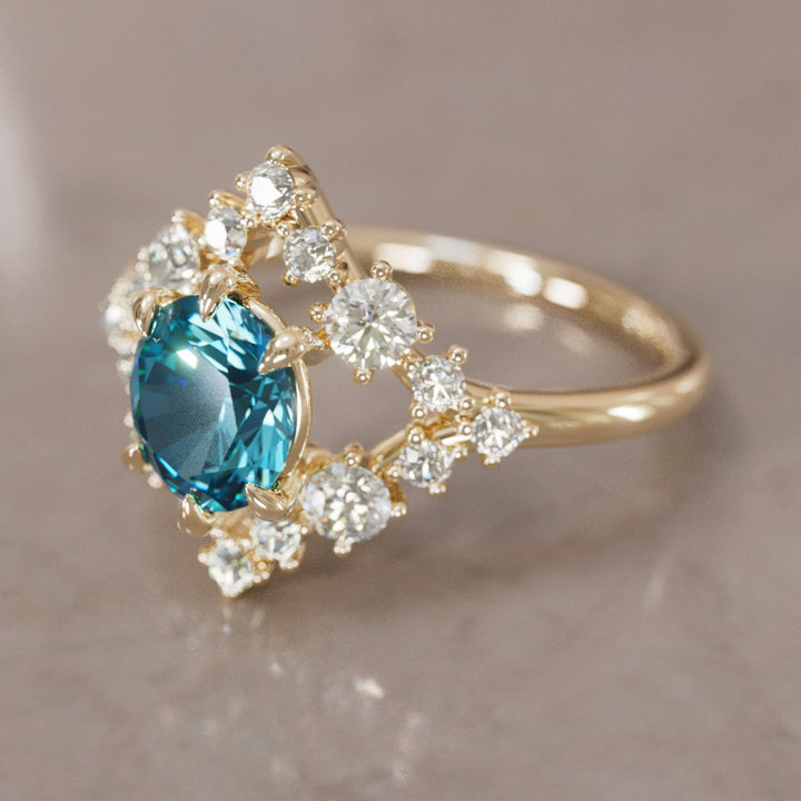 Celestial Engagement Ring Diamond Sapphire with 2ct Oval Blue Sapphire and Halo By Valley Rose