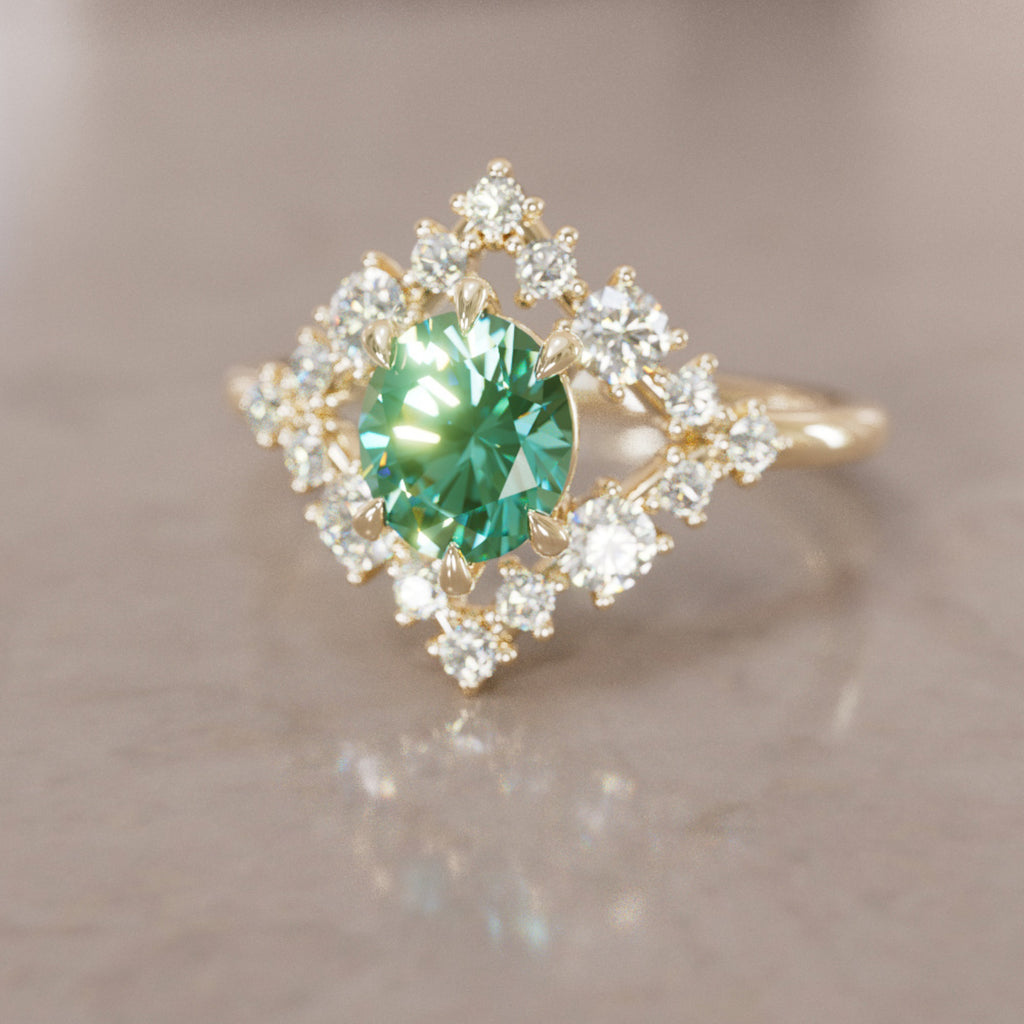 Celestial Engagement Ring Diamond Sapphire with 2ct Oval Green Sapphire and Halo By Valley Rose