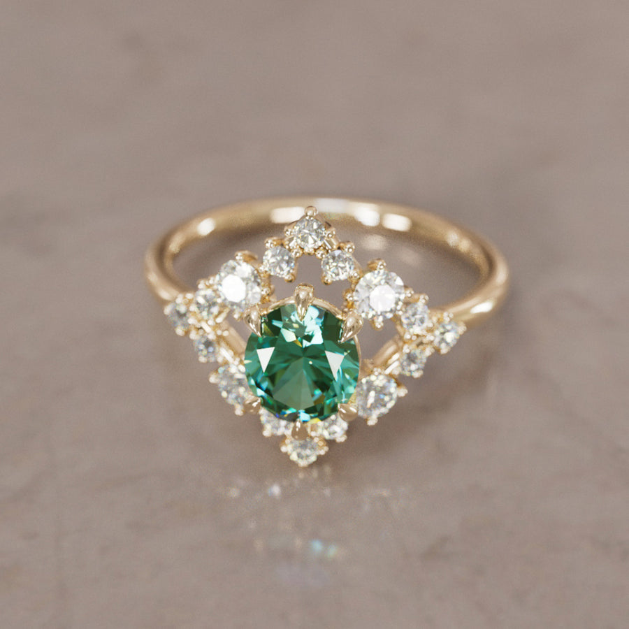 Celestial Engagement Ring Diamond Sapphire with 2ct Oval Green Sapphire and Halo By Valley Rose