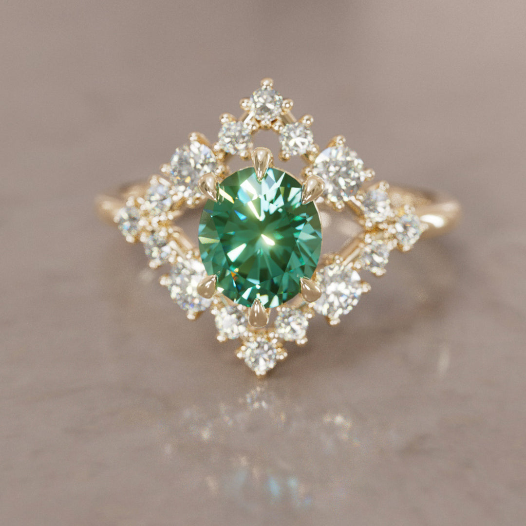 Celestial Engagement Ring Diamond Sapphire with 2ct Oval Green Sapphire and Halo By Valley Rose