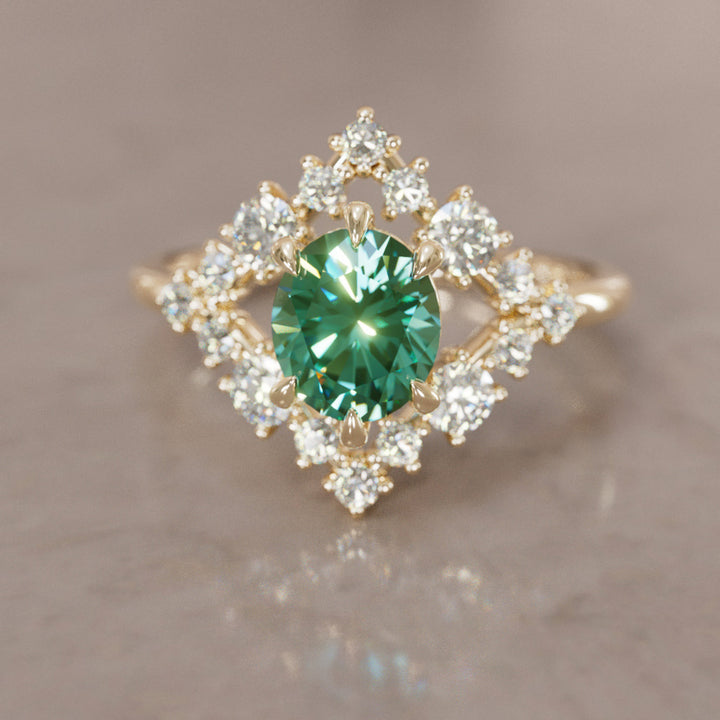 Celestial Engagement Ring Diamond Sapphire with 2ct Oval Green Sapphire and Halo By Valley Rose