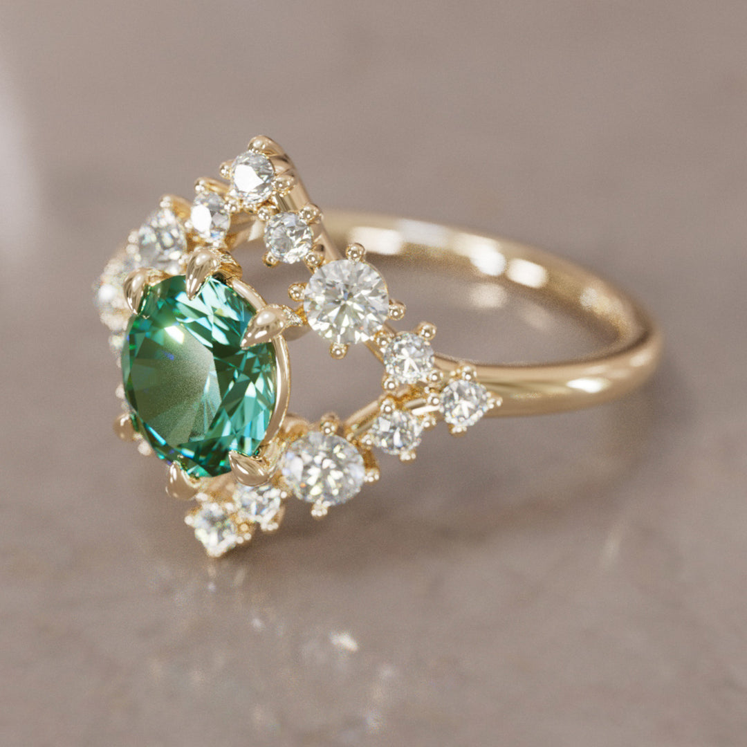 Celestial Engagement Ring Diamond Sapphire with 2ct Oval Green Sapphire and Halo By Valley Rose