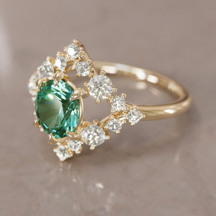 Celestial Engagement Ring Diamond Sapphire with 2ct Oval Green Sapphire and Halo By Valley Rose
