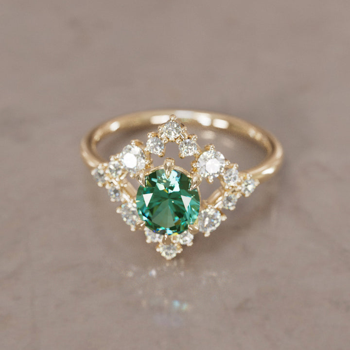 Celestial Engagement Ring Diamond Sapphire with 2ct Oval Green Sapphire and Halo By Valley Rose