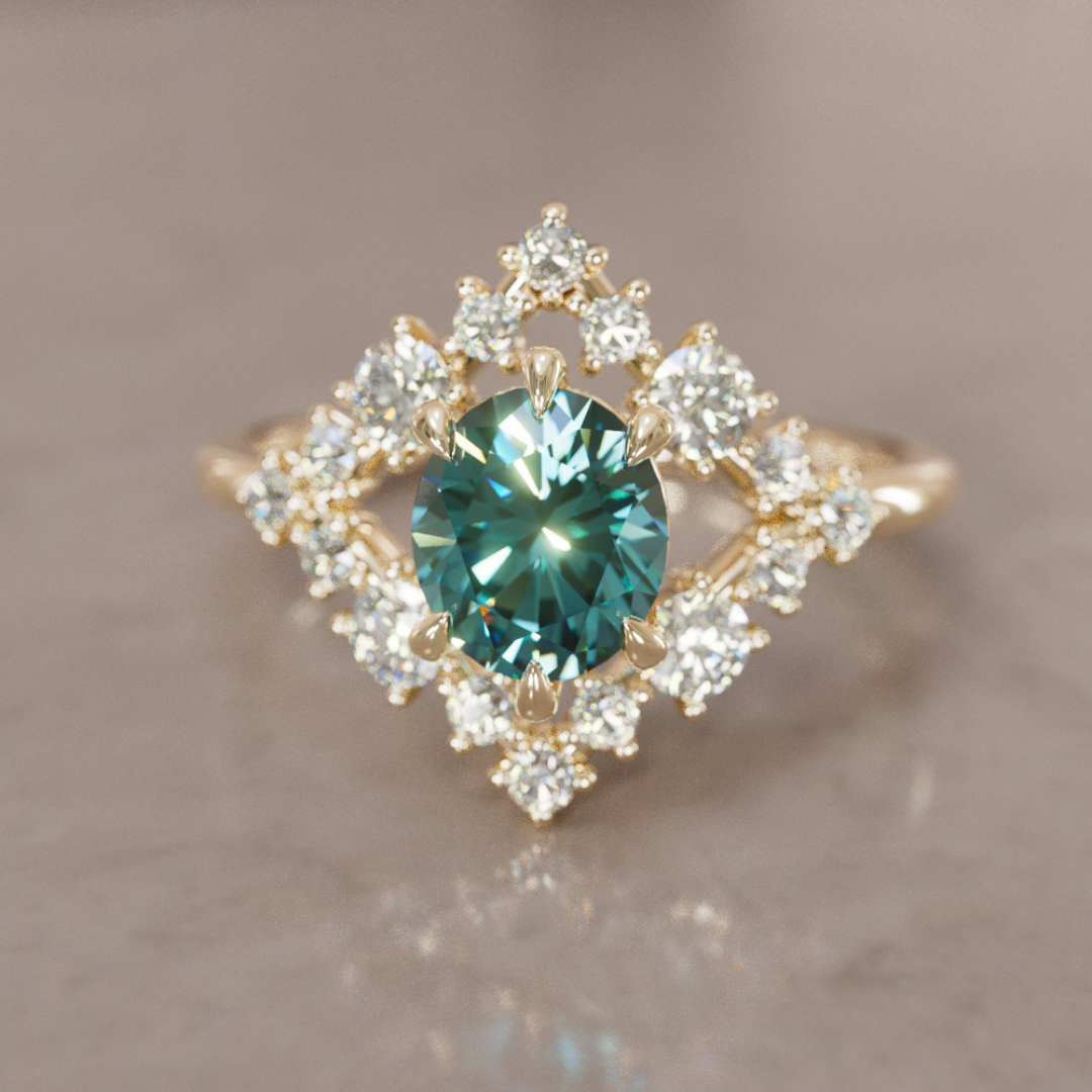 Celestial Engagement Ring Diamond Sapphire with 2ct Oval Teal Sapphire and Halo By Valley Rose