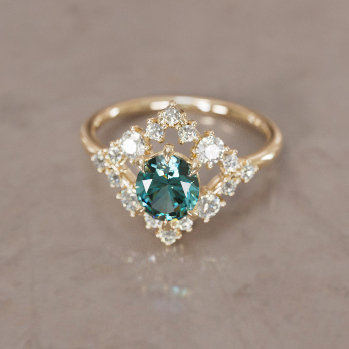 Celestial Engagement Ring Diamond Sapphire with 2ct Oval Teal Sapphire and Halo By Valley Rose