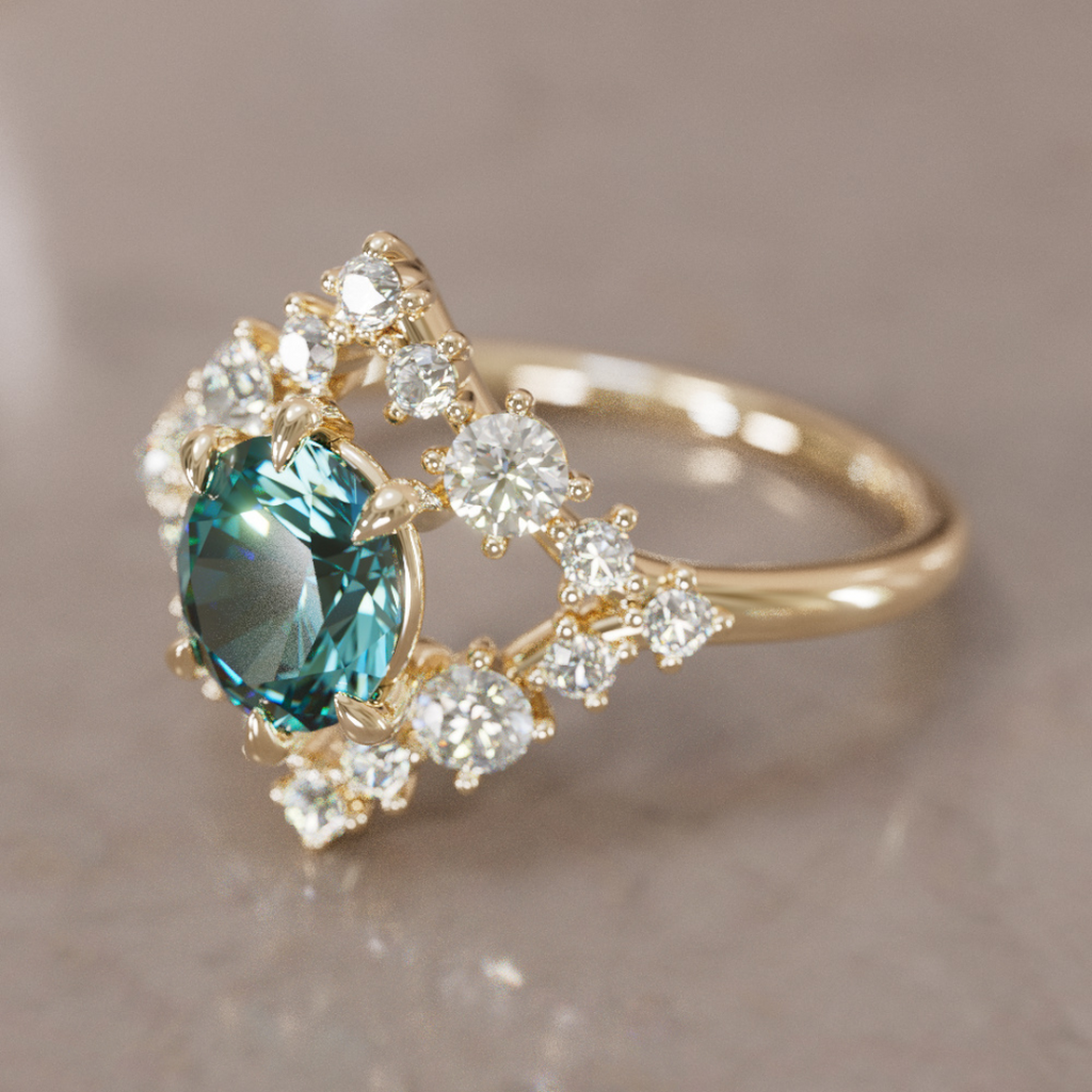 Celestial Engagement Ring Diamond Sapphire with 2ct Oval Teal Sapphire and Halo By Valley Rose