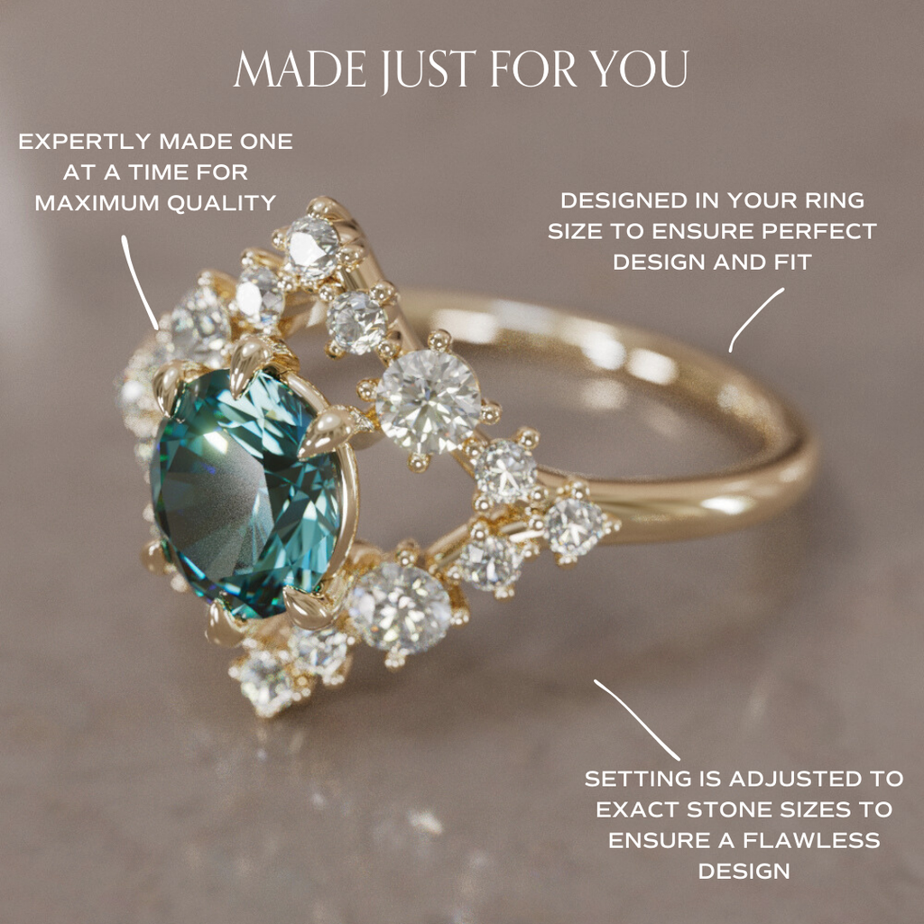 Celestial Engagement Ring Diamond Sapphire with 2ct Oval Teal Sapphire and Halo By Valley Rose