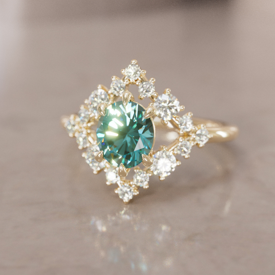 Celestial Engagement Ring Diamond Sapphire with 2ct Oval Teal Sapphire and Halo By Valley Rose