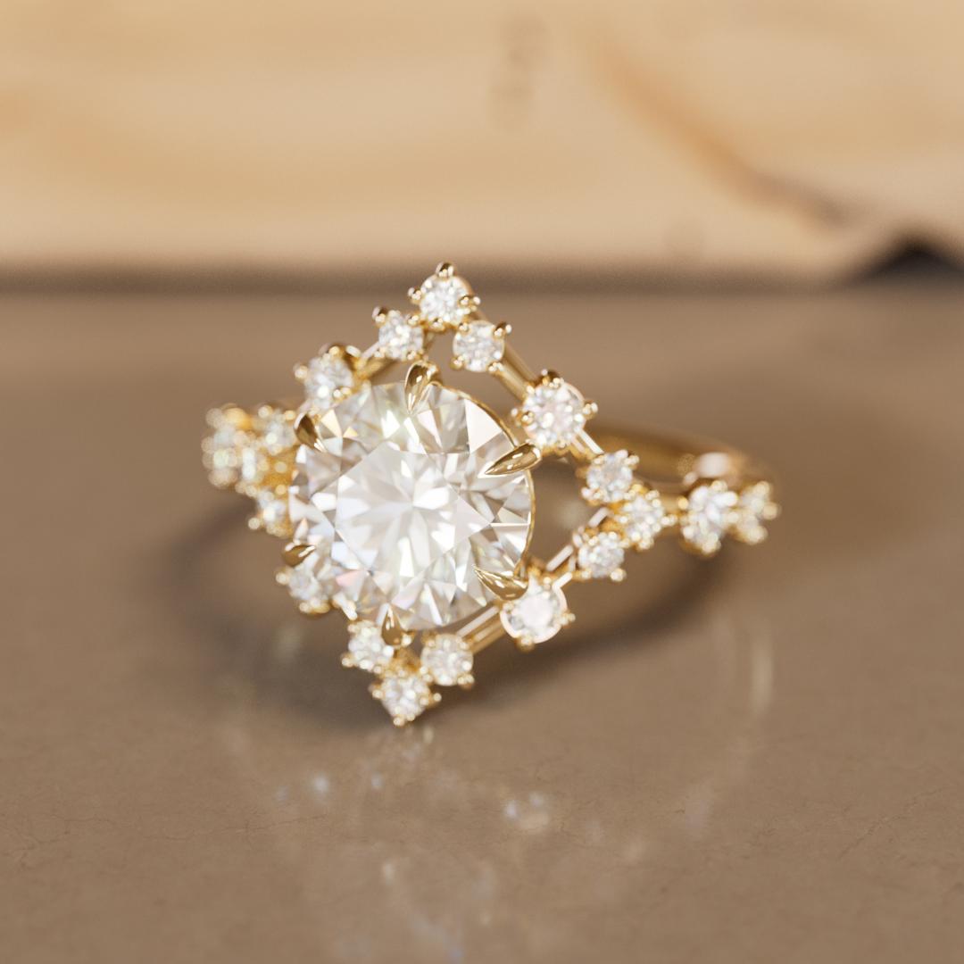 Celestial Engagement Ring Round shape with Diamond Halo and 2ct Round Diamond By Valley Rose