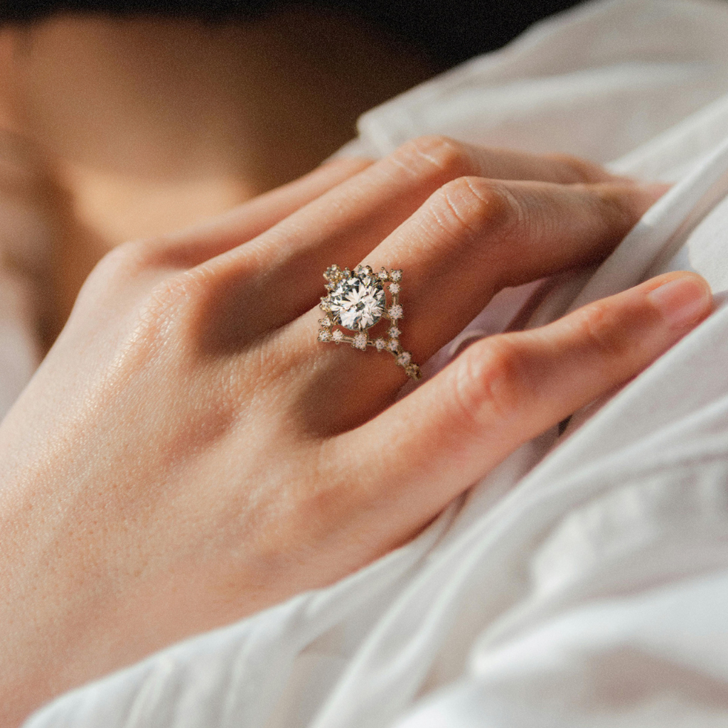 Celestial Engagement Ring Round shape with Diamond Halo and 2ct Round Diamond By Valley Rose