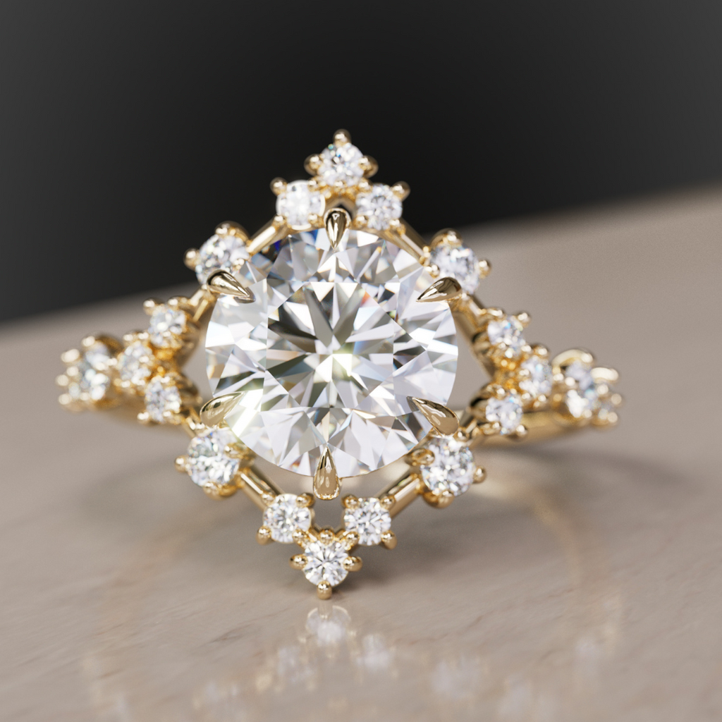 Celestial Engagement Ring Round shape with Diamond Halo and 2ct Round Diamond By Valley Rose