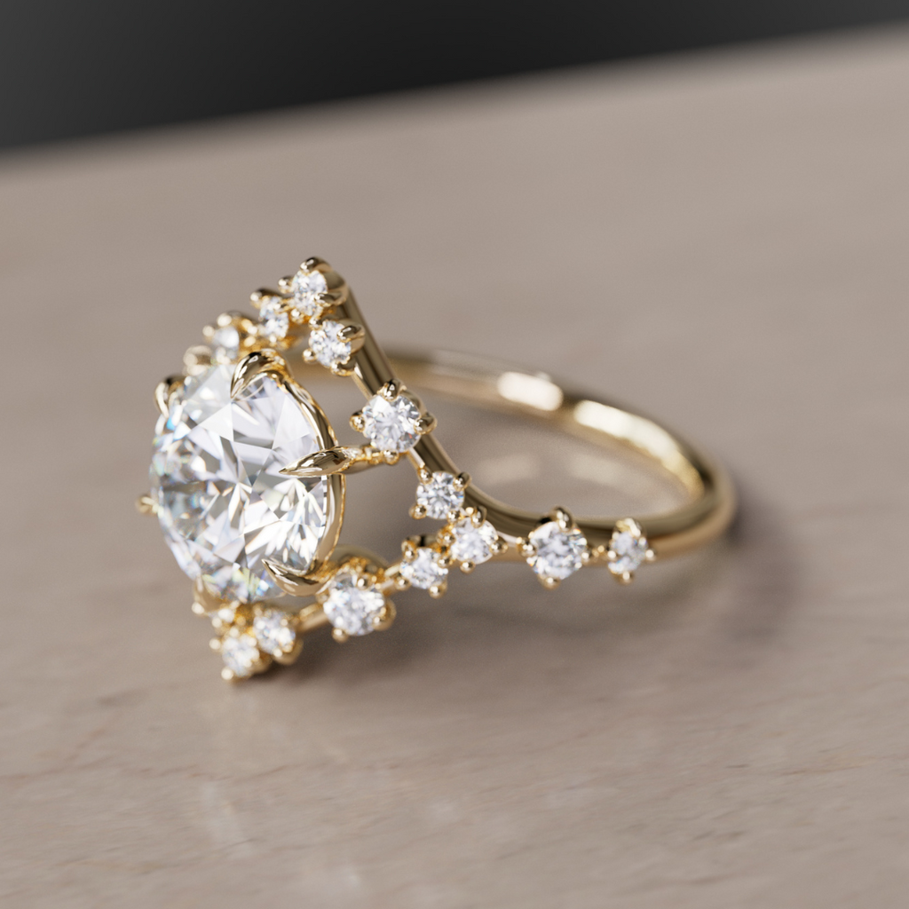 Celestial Engagement Ring Round shape with Diamond Halo and 2ct Round Diamond By Valley Rose