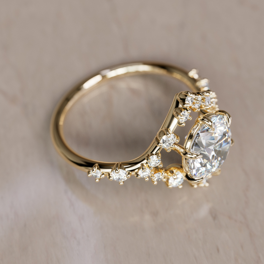 Celestial Engagement Ring Round shape with Diamond Halo and 2ct Round Diamond By Valley Rose