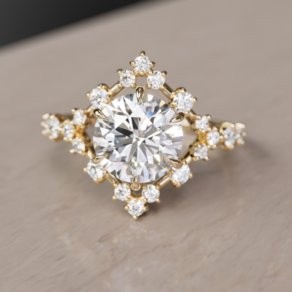 Celestial Engagement Ring Round shape with Diamond Halo and 2ct Round Diamond By Valley Rose