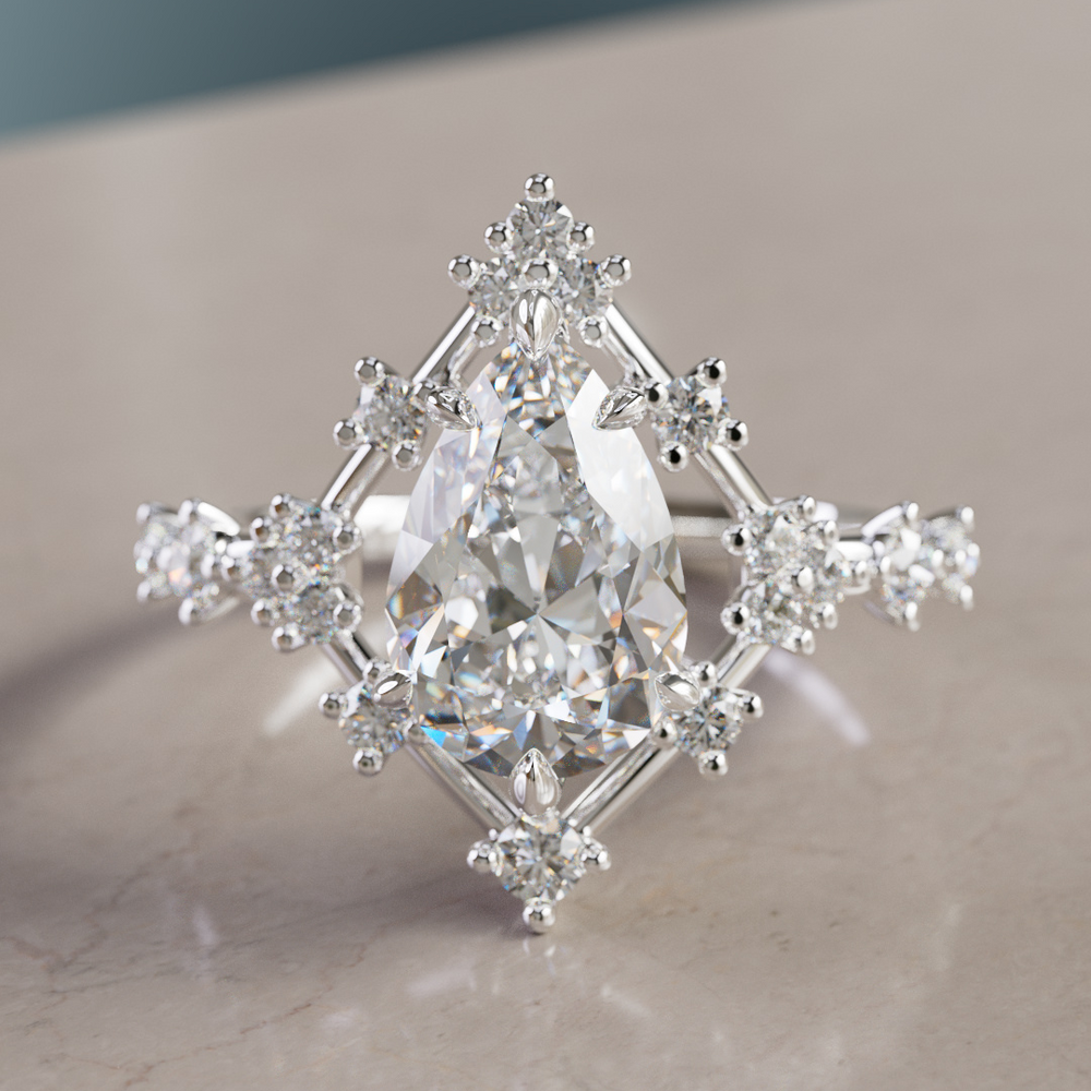 Celestial Engagement Ring Round shape with Diamond Halo and 2ct Round Diamond By Valley Rose