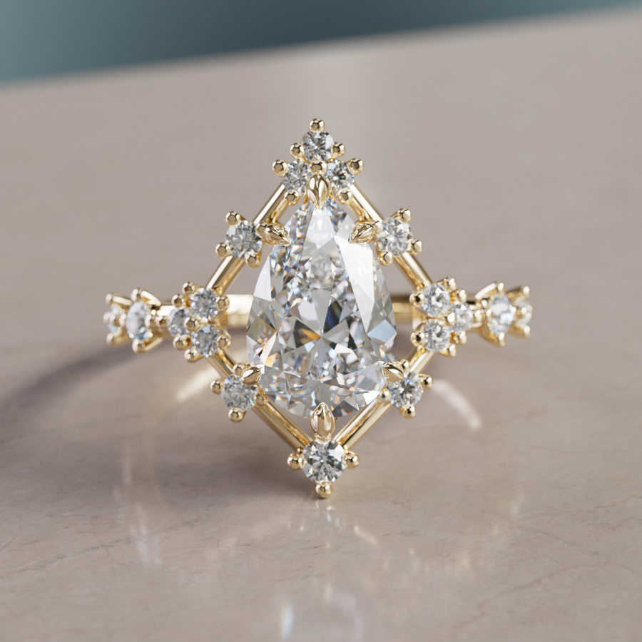 Celestial Engagement Ring Round shape with Diamond Halo and 2ct Round Diamond By Valley Rose