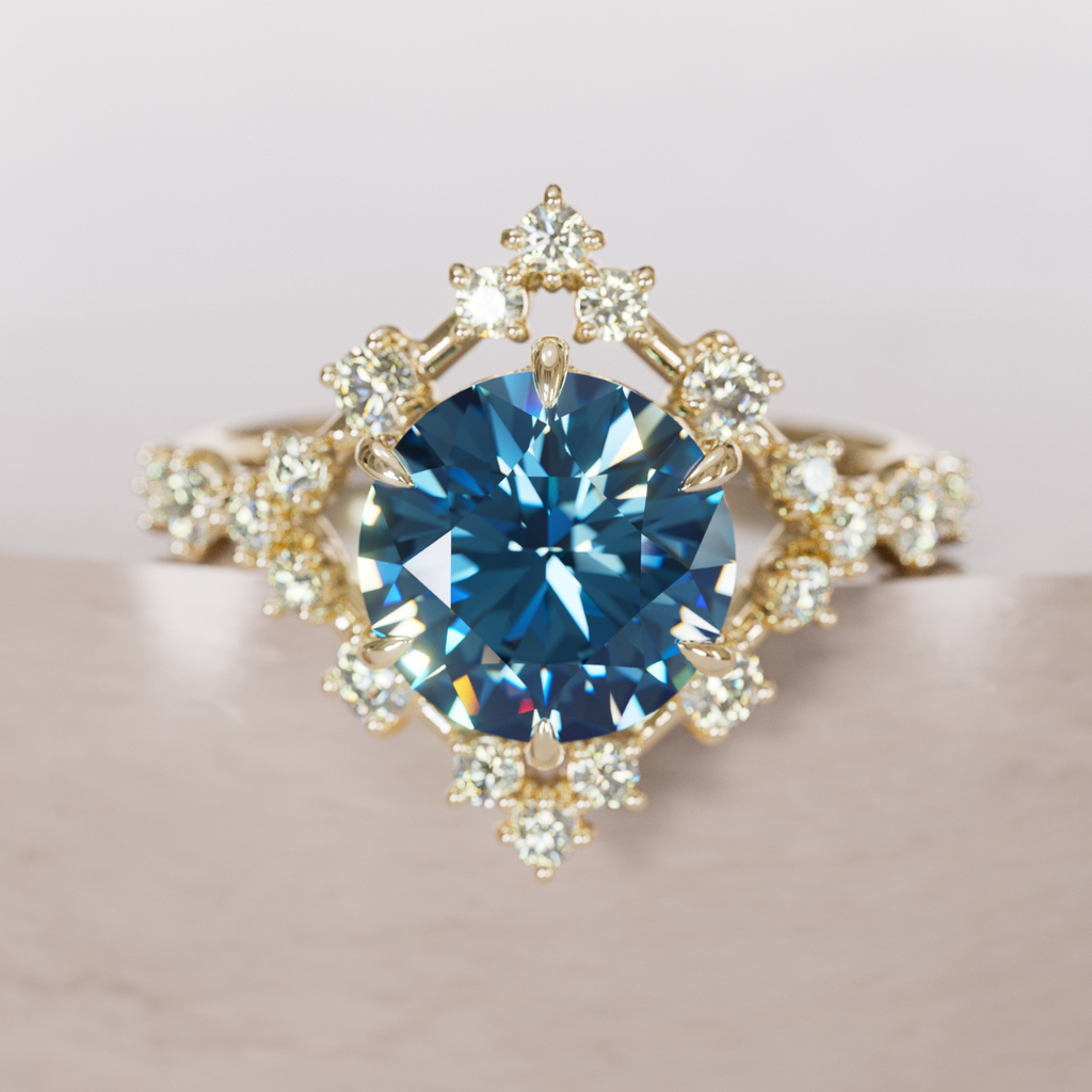 Celestial Engagement Ring with Diamond Halo and 2ct Round Blue Sapphire By Valley Rose