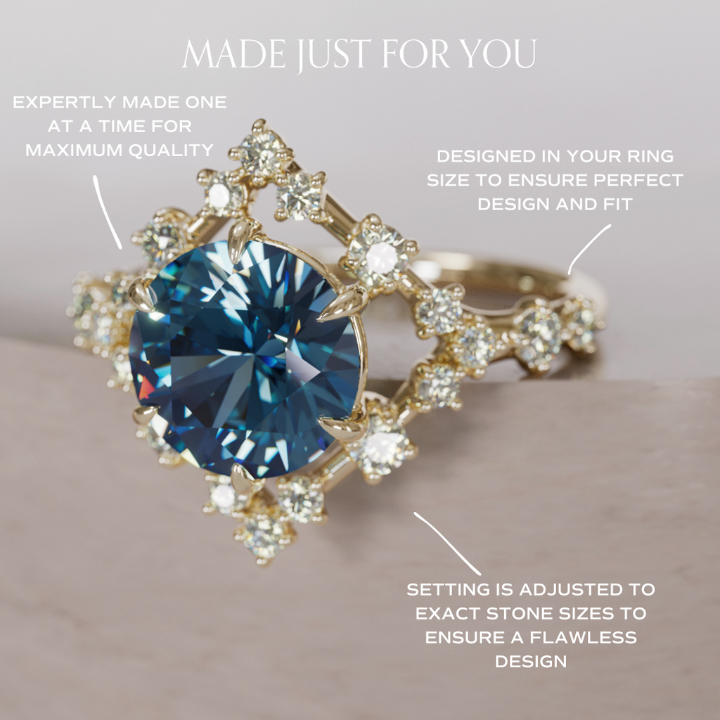 Celestial Engagement Ring with Diamond Halo and 2ct Round Blue Sapphire By Valley Rose