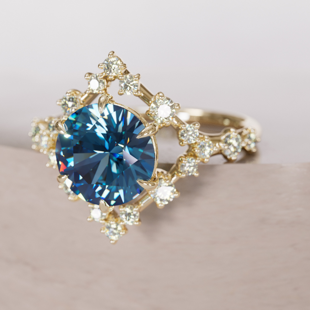 Celestial Engagement Ring with Diamond Halo and 2ct Round Blue Sapphire By Valley Rose