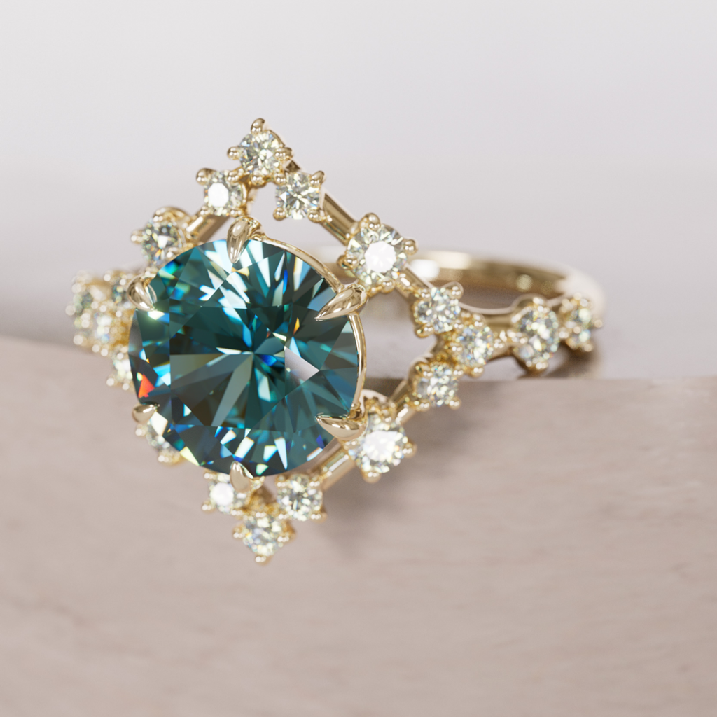 Celestial Engagement Ring with Diamond Halo and 2ct Round Teal Sapphire By Valley Rose