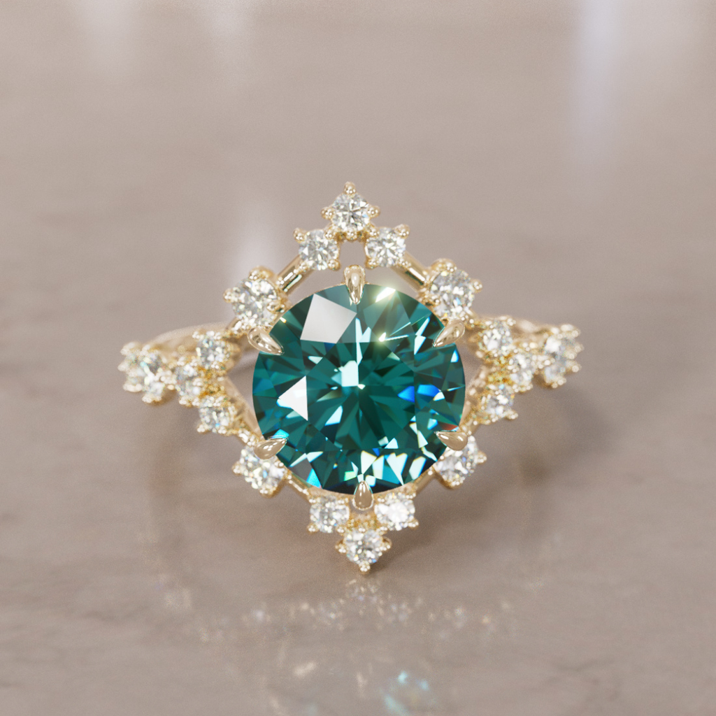 Celestial Engagement Ring with Diamond Halo and 2ct Round Teal Sapphire By Valley Rose