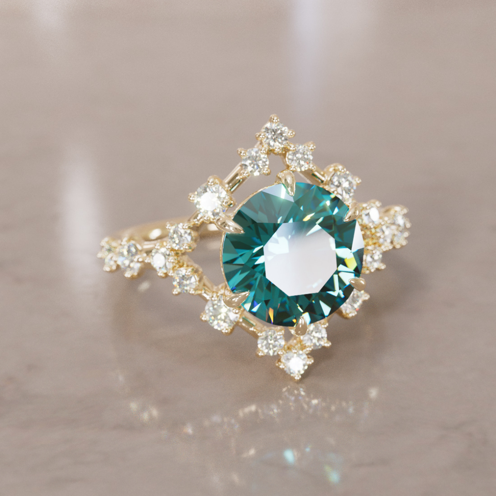 Celestial Engagement Ring with Diamond Halo and 2ct Round Teal Sapphire By Valley Rose