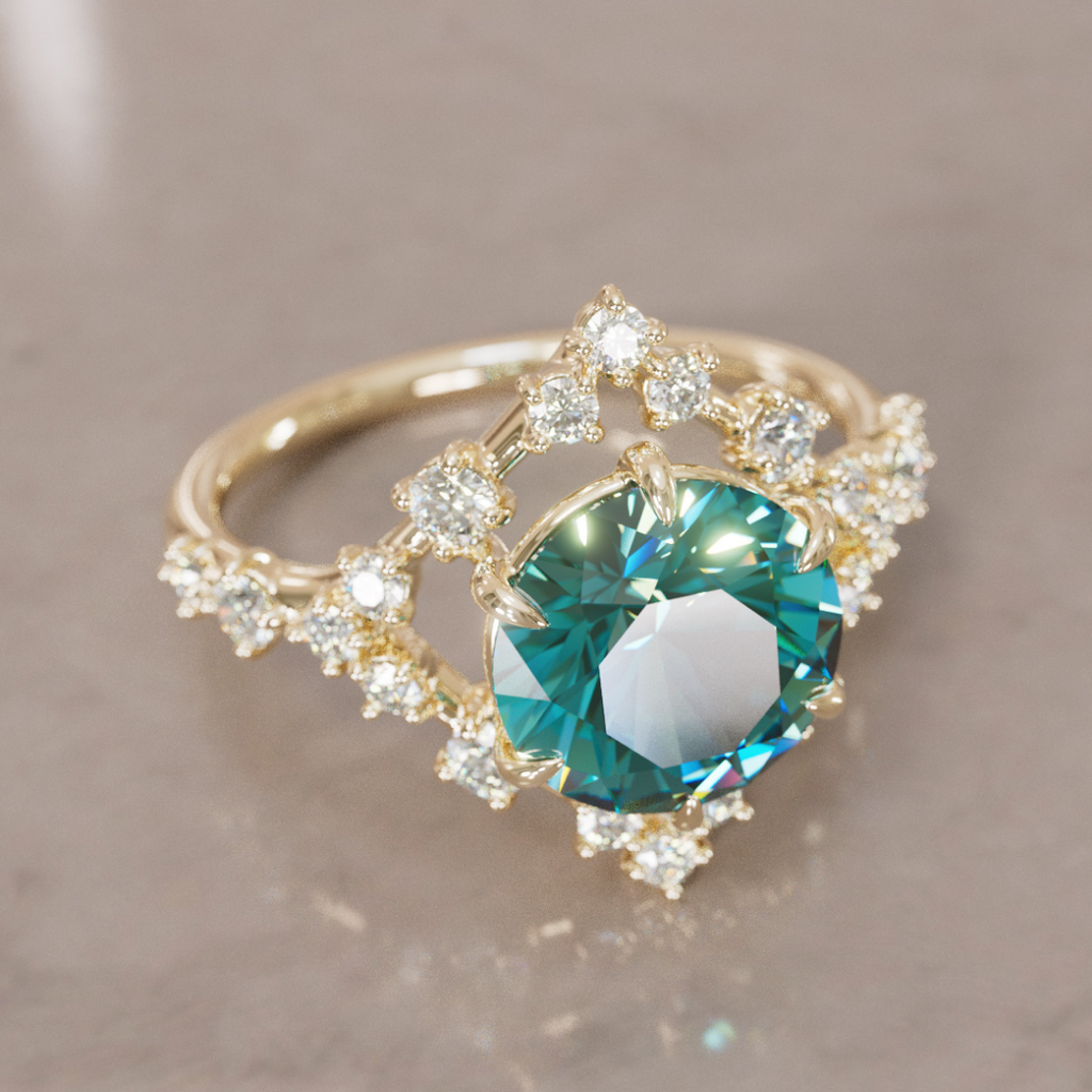 Celestial Engagement Ring with Diamond Halo and 2ct Round Teal Sapphire By Valley Rose